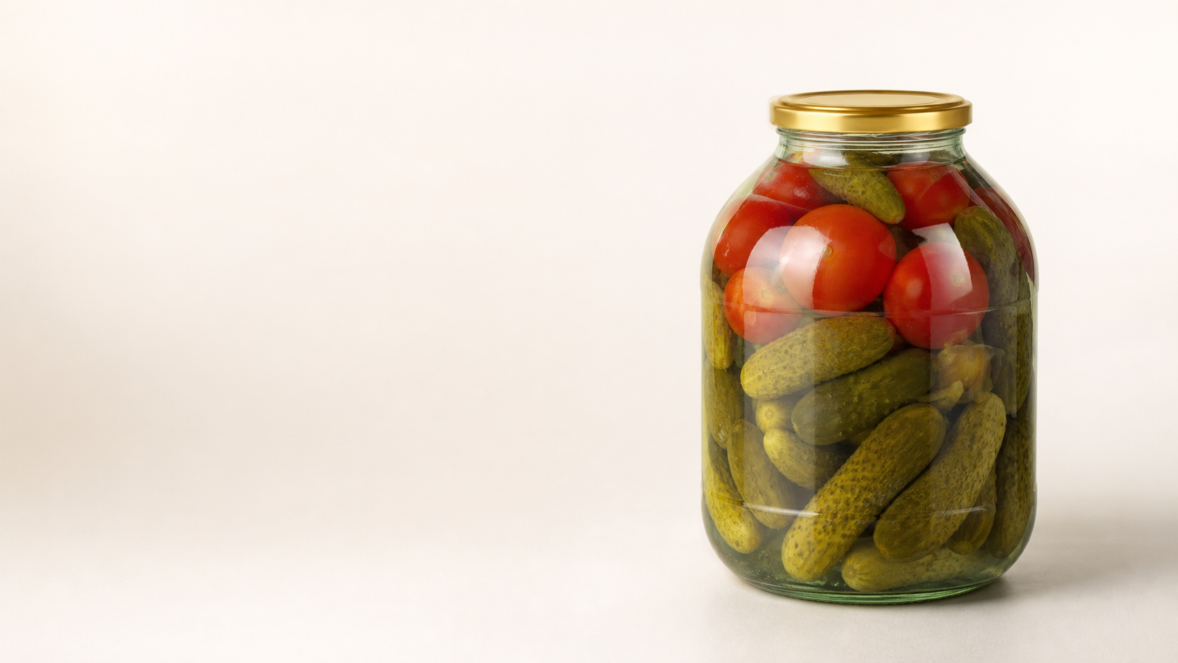 Трёхлитровая зелёная стеклянная банка с золотой крышкой, огурцами и помидорами